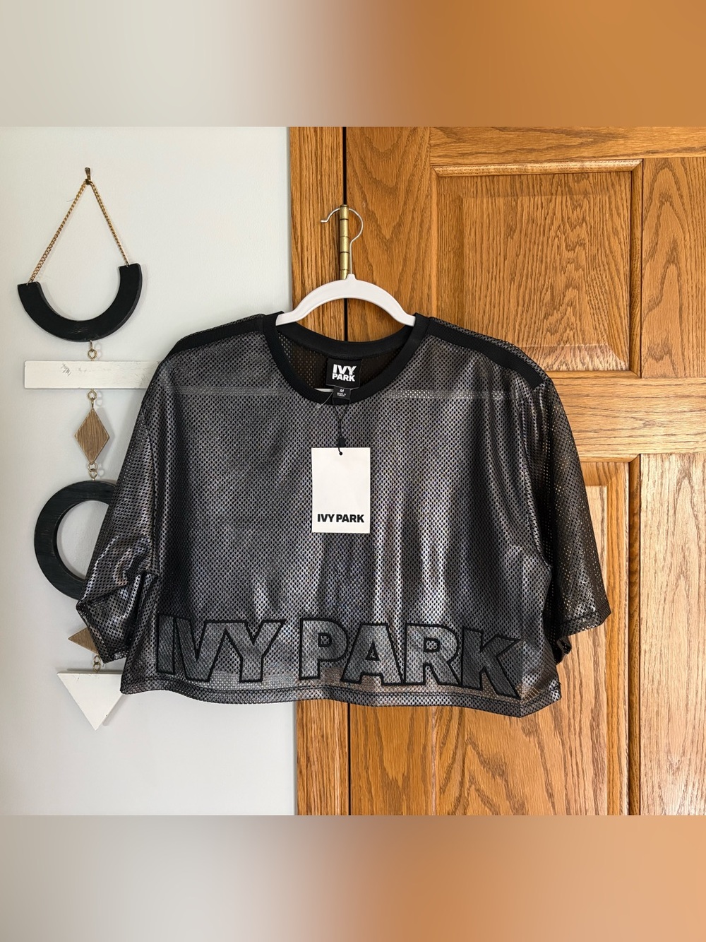 IVY PARK Black Metallic Mesh Cropped Tee